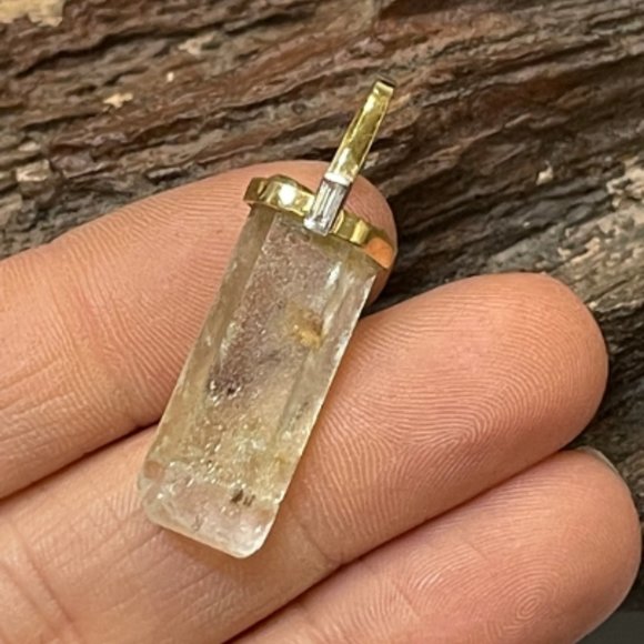 Solid 14K Yellow Gold Natural Rough Aquamarine and Baguette Diamond Pendant Char - Picture 3 of 3